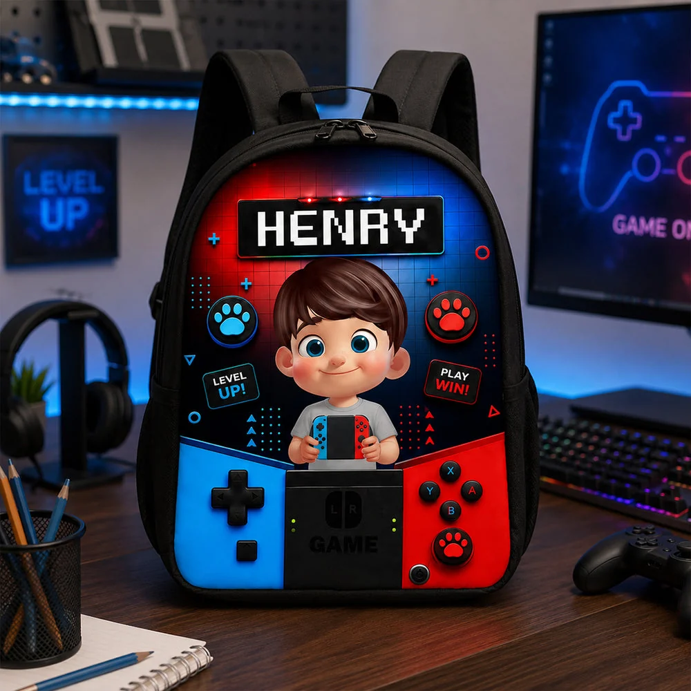Personalized Kids School Backpack, Cartoon Gamer Boy Holding Controller, Unique Gift for Kids - Image 6