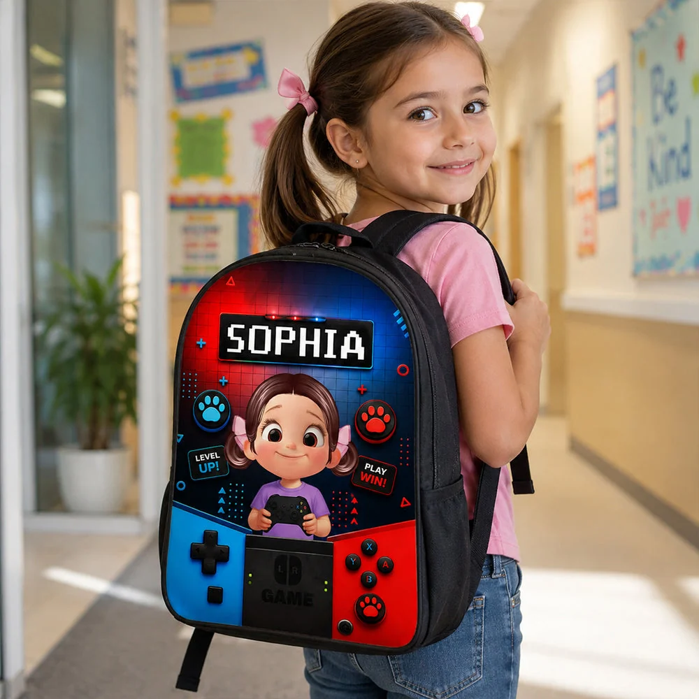 Personalized Kids School Backpack, Cartoon Gamer Boy Holding Controller, Unique Gift for Kids - Image 7