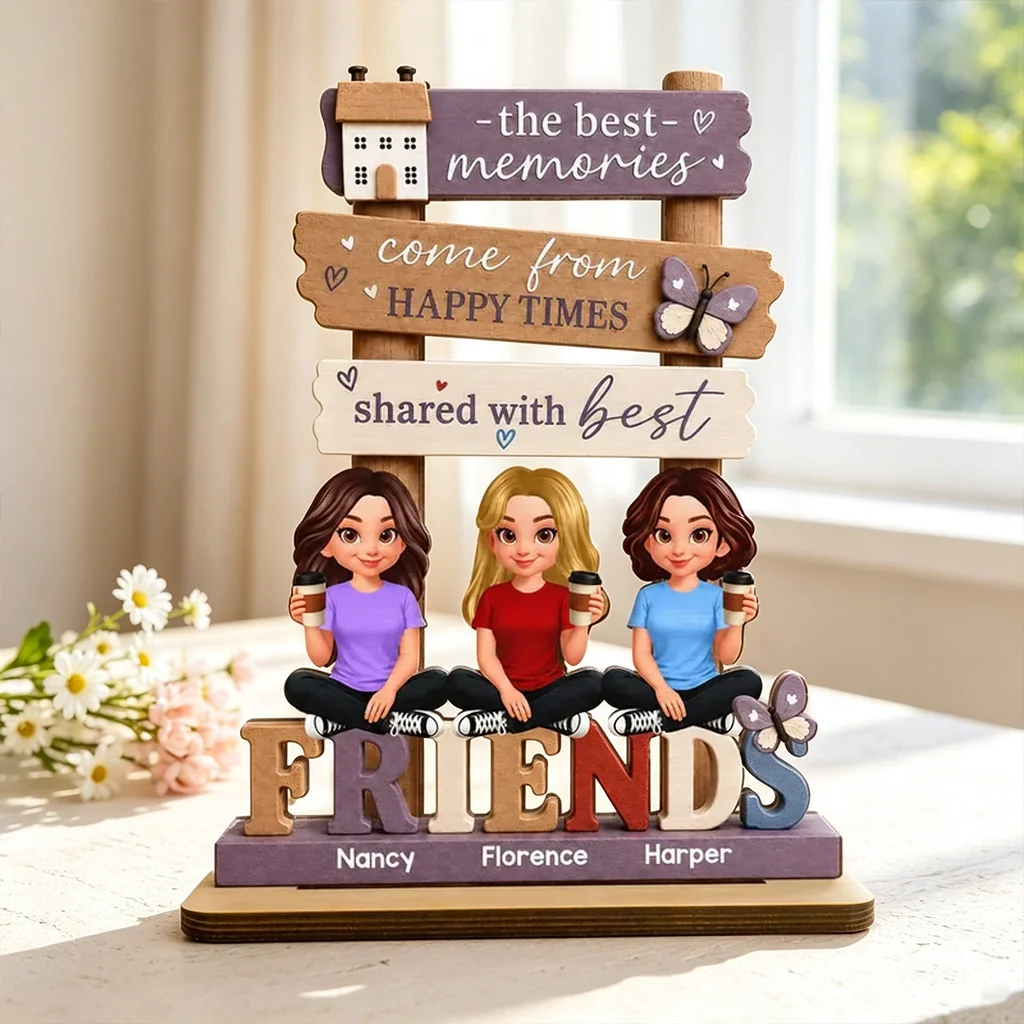 Personalized 2-Layer Wooden Plaque, Sitting Friends with Coffee, Unique Gift for Close Friends