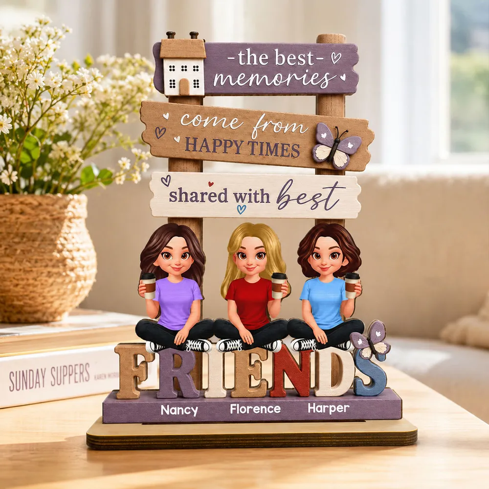 Personalized 2-Layer Wooden Plaque, Sitting Friends with Coffee, Unique Gift for Close Friends - Image 2