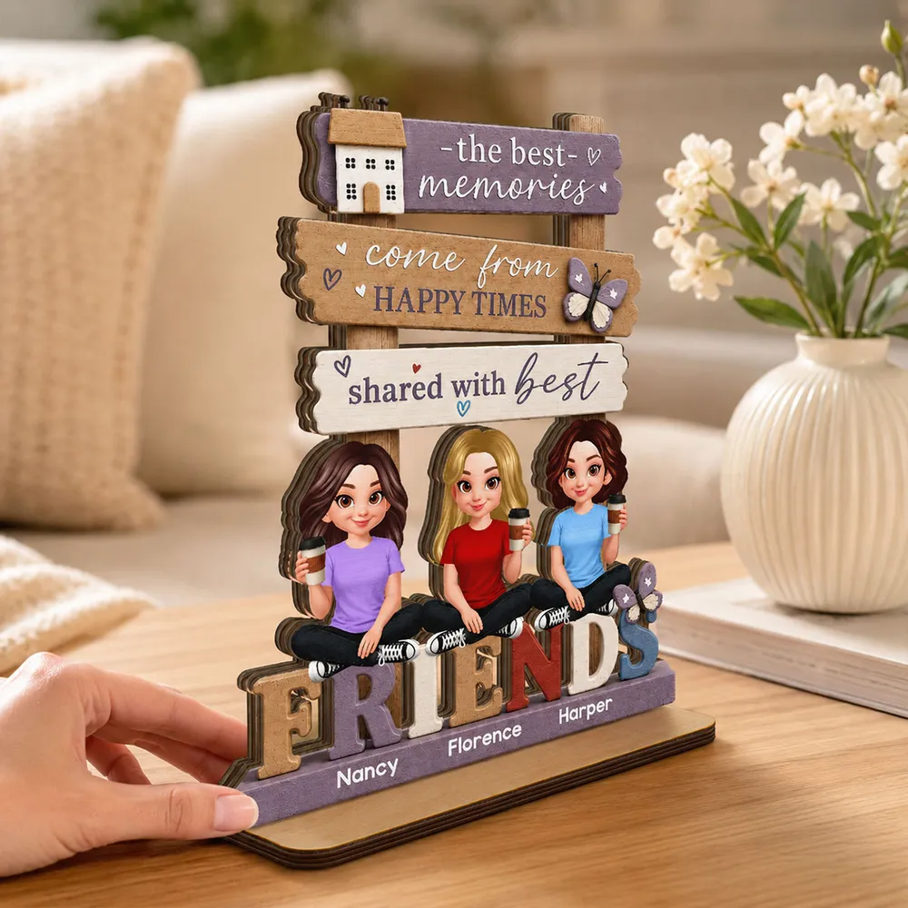 Personalized 2-Layer Wooden Plaque, Sitting Friends with Coffee, Unique Gift for Close Friends - Image 3