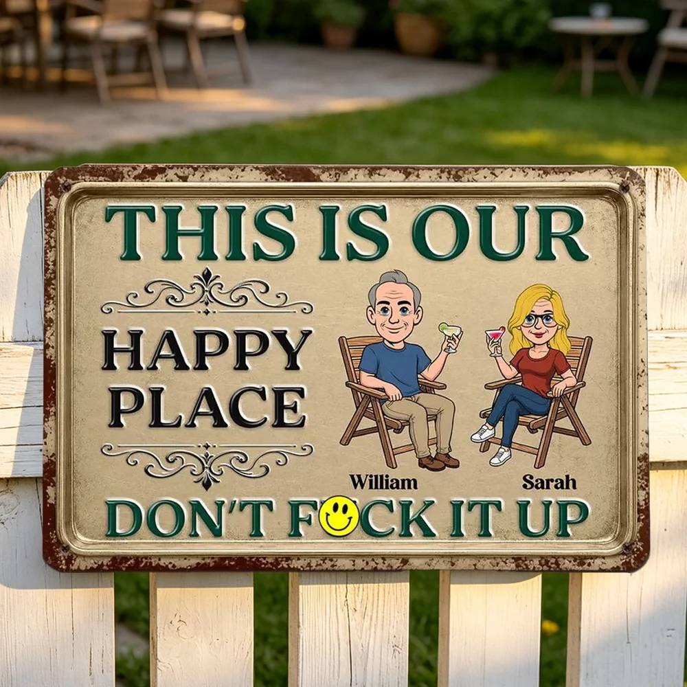 Personalized Rectangular Iron Sign, Seated Couple Our Happy Place, Unique Creative Gift for Couples