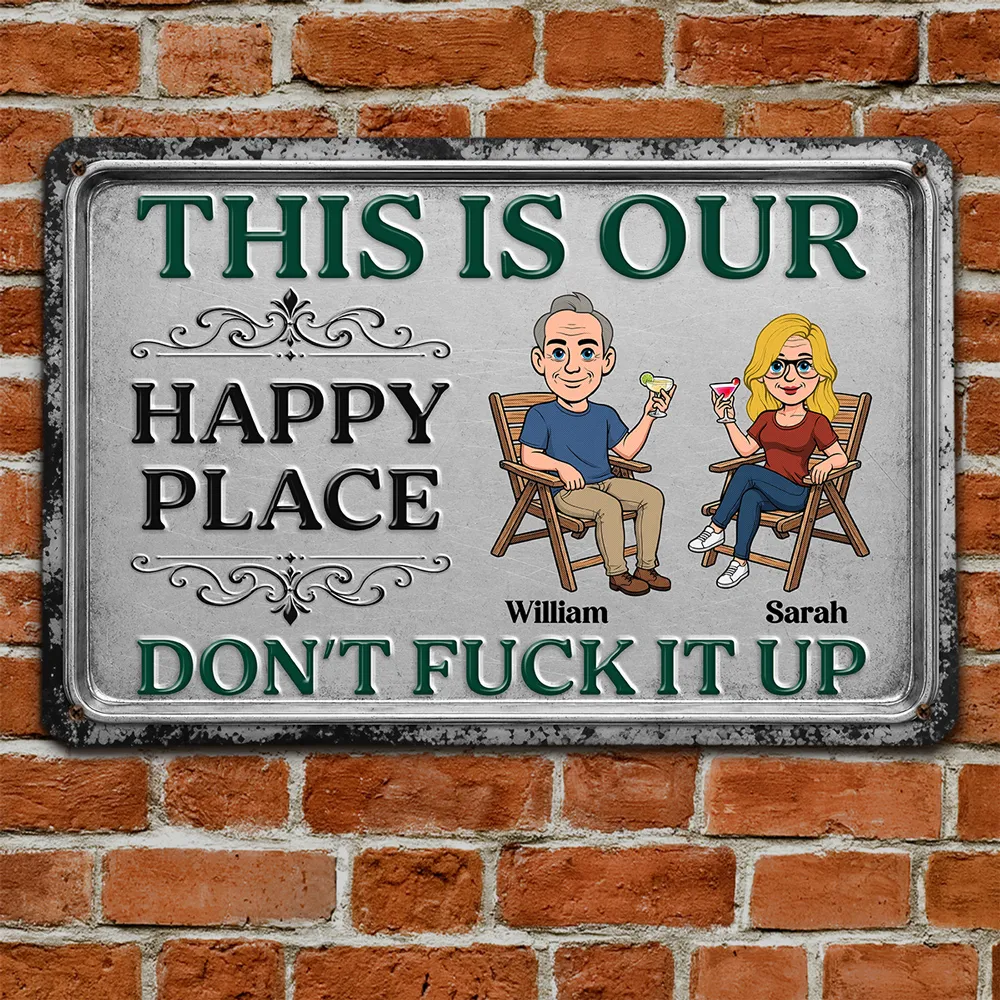 Personalized Rectangular Iron Sign, Seated Couple Our Happy Place, Unique Creative Gift for Couples - Image 2