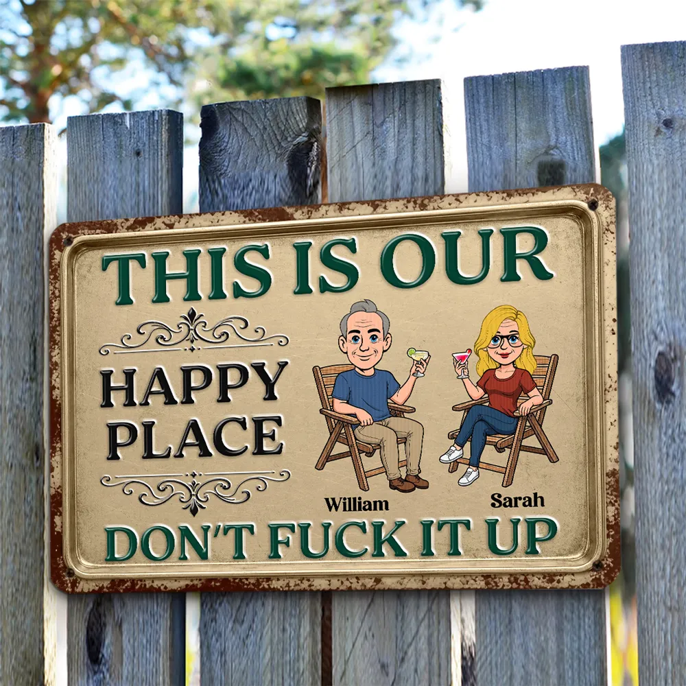 Personalized Rectangular Iron Sign, Seated Couple Our Happy Place, Unique Creative Gift for Couples - Image 3