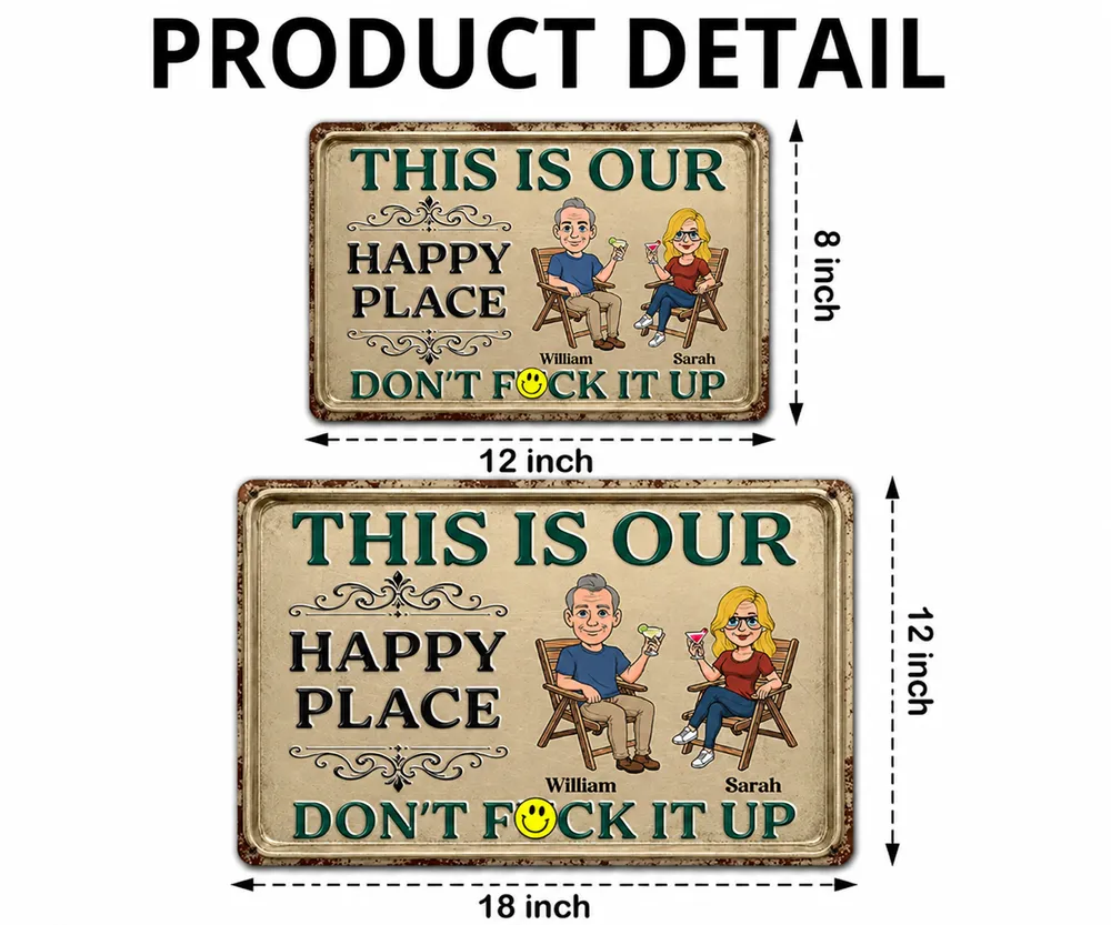 Personalized Rectangular Iron Sign, Seated Couple Our Happy Place, Unique Creative Gift for Couples - Image 4