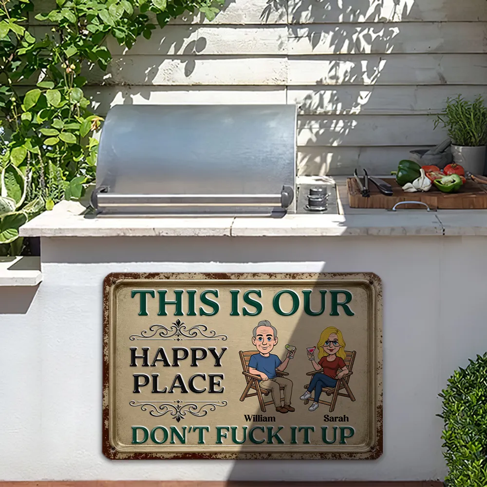 Personalized Rectangular Iron Sign, Seated Couple Our Happy Place, Unique Creative Gift for Couples - Image 5