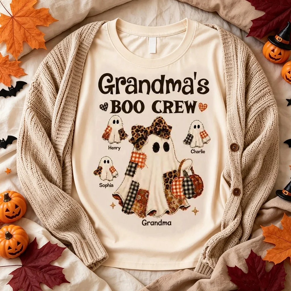 Personalized Classic Tee for Grandma, Boo Crew Ghost Design, Unique Halloween Gift