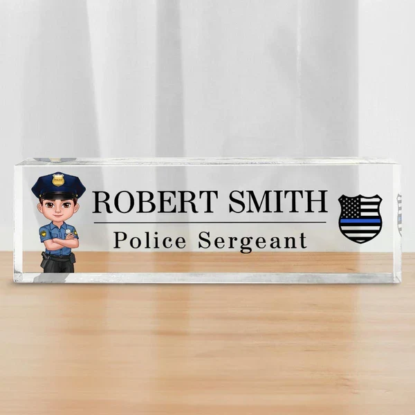 Personalized Acrylic Block Plaque, Cartoon Police Officer Desk Name Plate, Unique Gift for Officer - Image 2