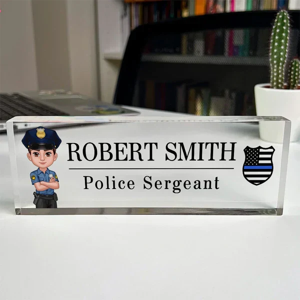 Personalized Acrylic Block Plaque, Cartoon Police Officer Desk Name Plate, Unique Gift for Officer - Image 3