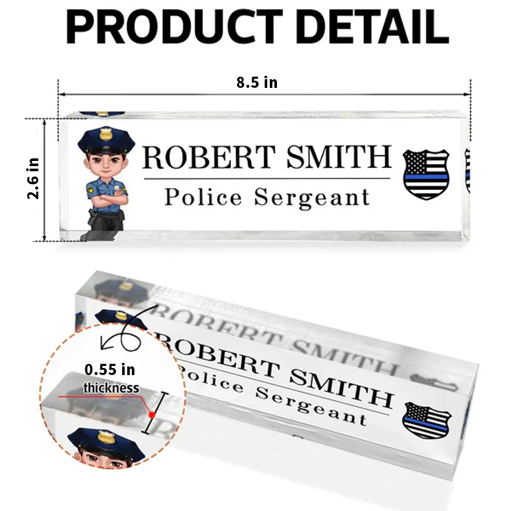 Personalized Acrylic Block Plaque, Cartoon Police Officer Desk Name Plate, Unique Gift for Officer - Image 4
