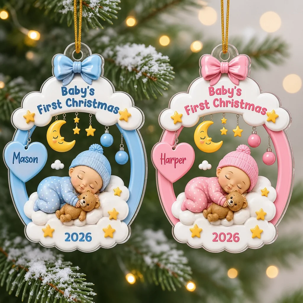 Personalized Acrylic Ornament, Sleeping Baby Moon & Stars, Unique First Christmas Gift for New Parents