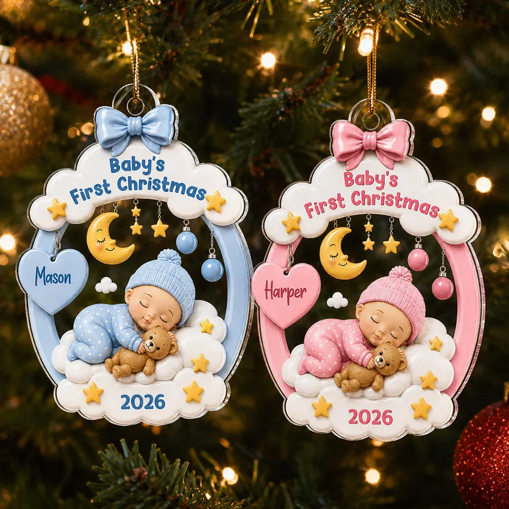 Personalized Acrylic Ornament, Sleeping Baby Moon & Stars, Unique First Christmas Gift for New Parents - Image 2