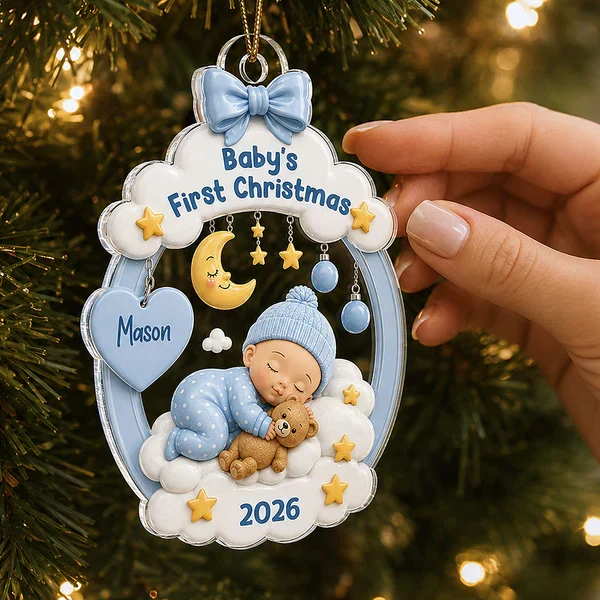 Personalized Acrylic Ornament, Sleeping Baby Moon & Stars, Unique First Christmas Gift for New Parents - Image 5