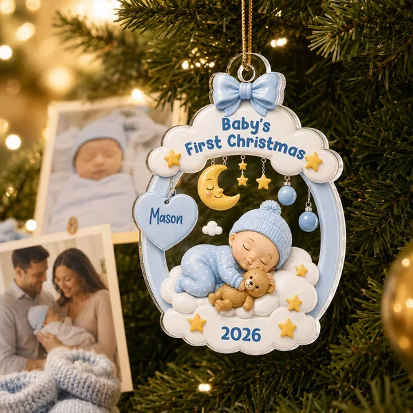 Personalized Acrylic Ornament, Sleeping Baby Moon & Stars, Unique First Christmas Gift for New Parents - Image 6