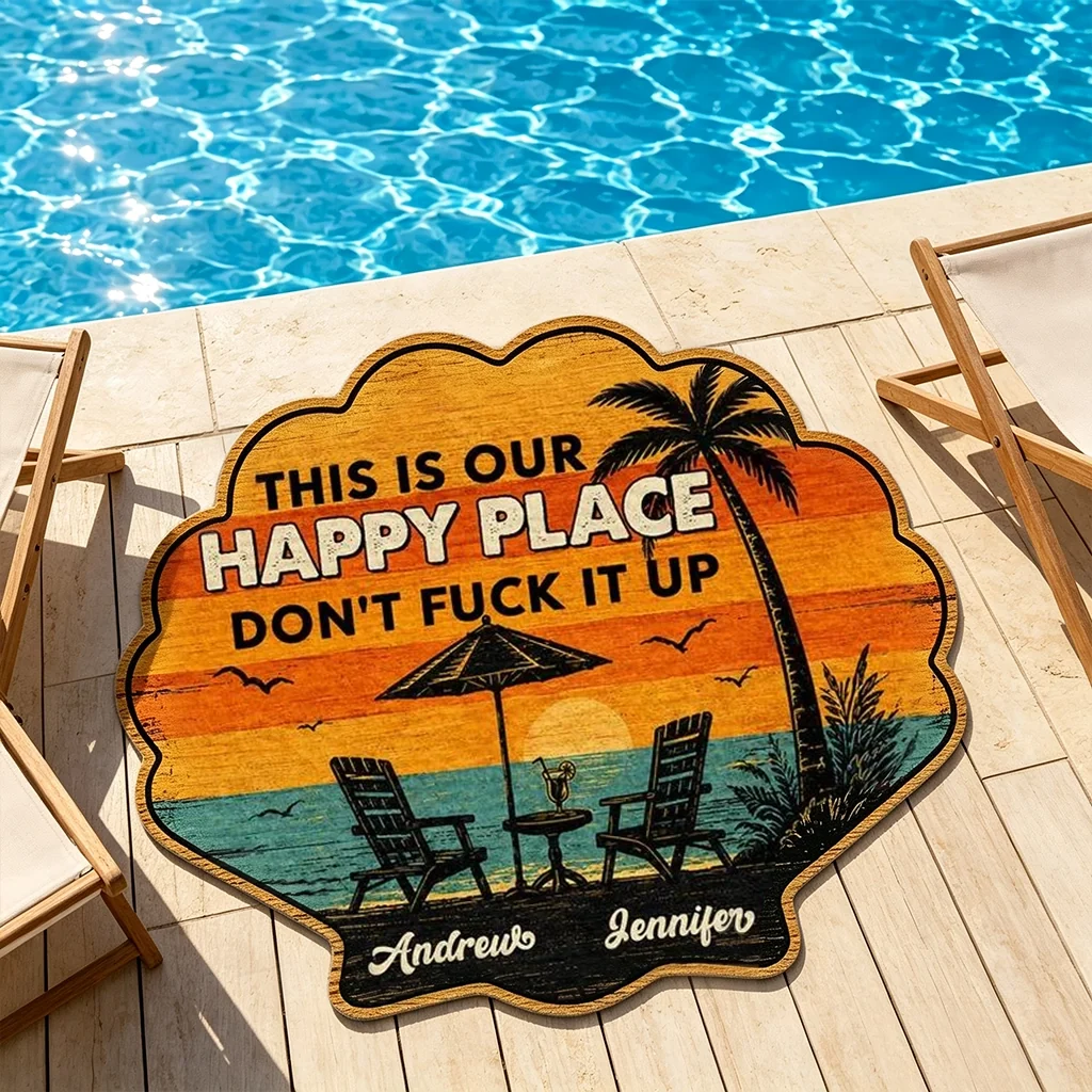 Personalized Shaped Doormat, Tropical Sunset Happy Place, Unique Creative Gift for Couples