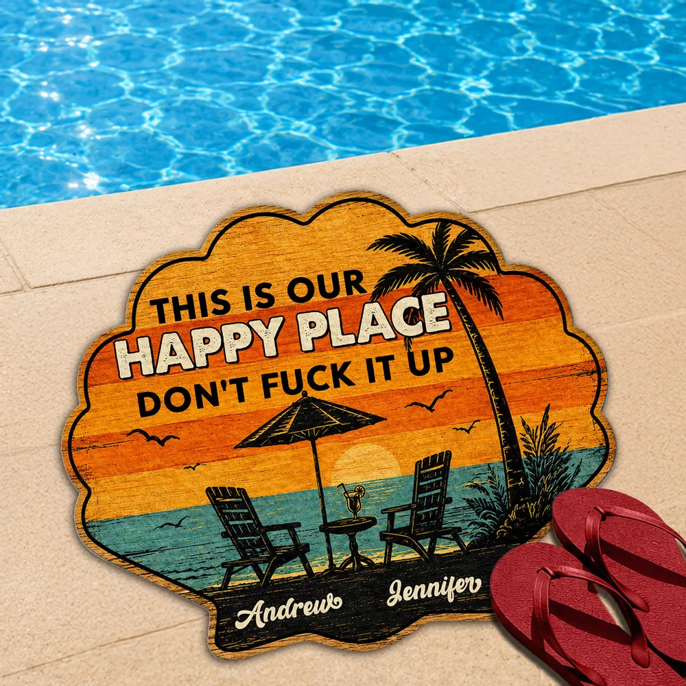 Personalized Shaped Doormat, Tropical Sunset Happy Place, Unique Creative Gift for Couples - Image 2