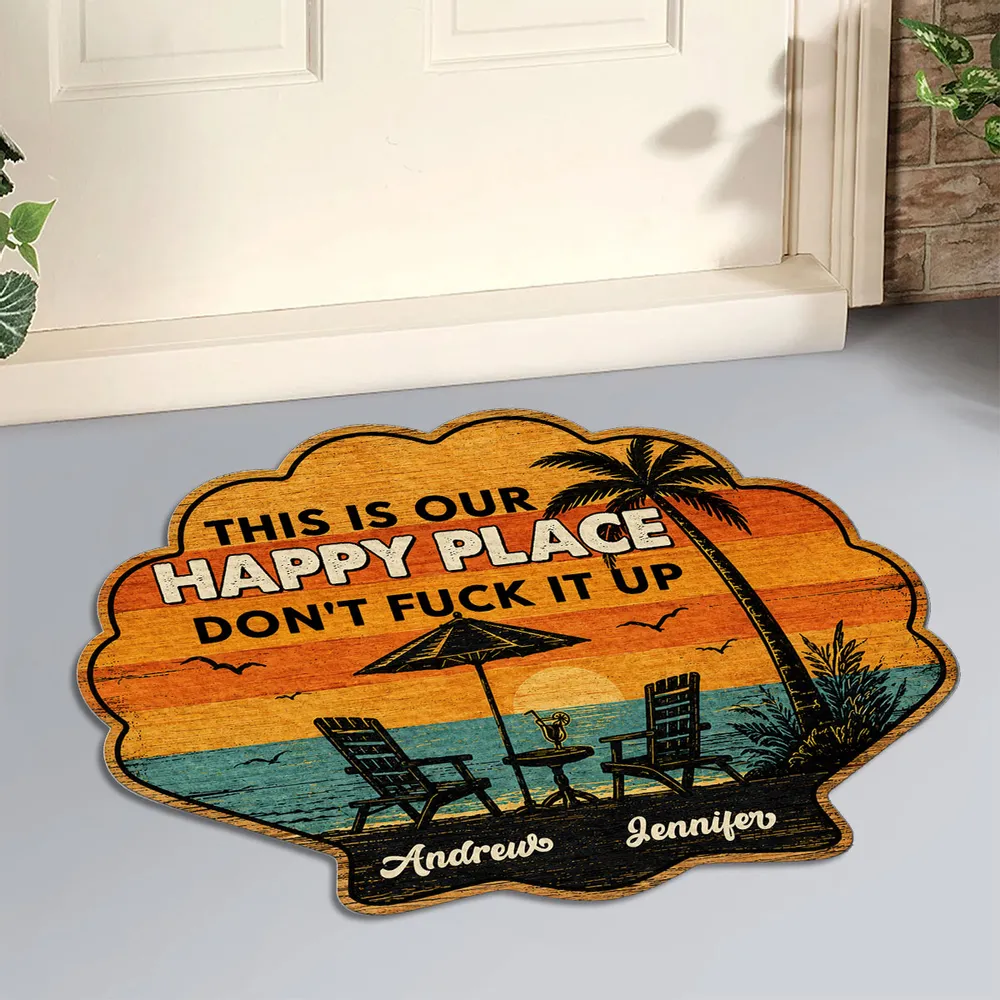 Personalized Shaped Doormat, Tropical Sunset Happy Place, Unique Creative Gift for Couples - Image 3