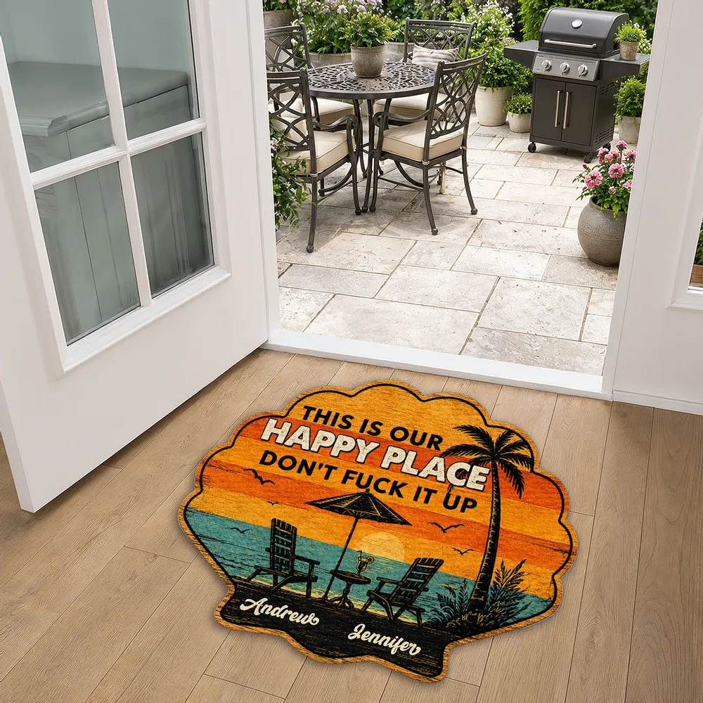 Personalized Shaped Doormat, Tropical Sunset Happy Place, Unique Creative Gift for Couples - Image 5