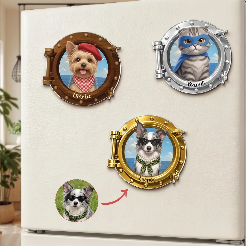 Personalized Pet Porthole Acrylic Magnet, Custom Cartoon Cruise Door Decor, Unique Gift for Pet Owners