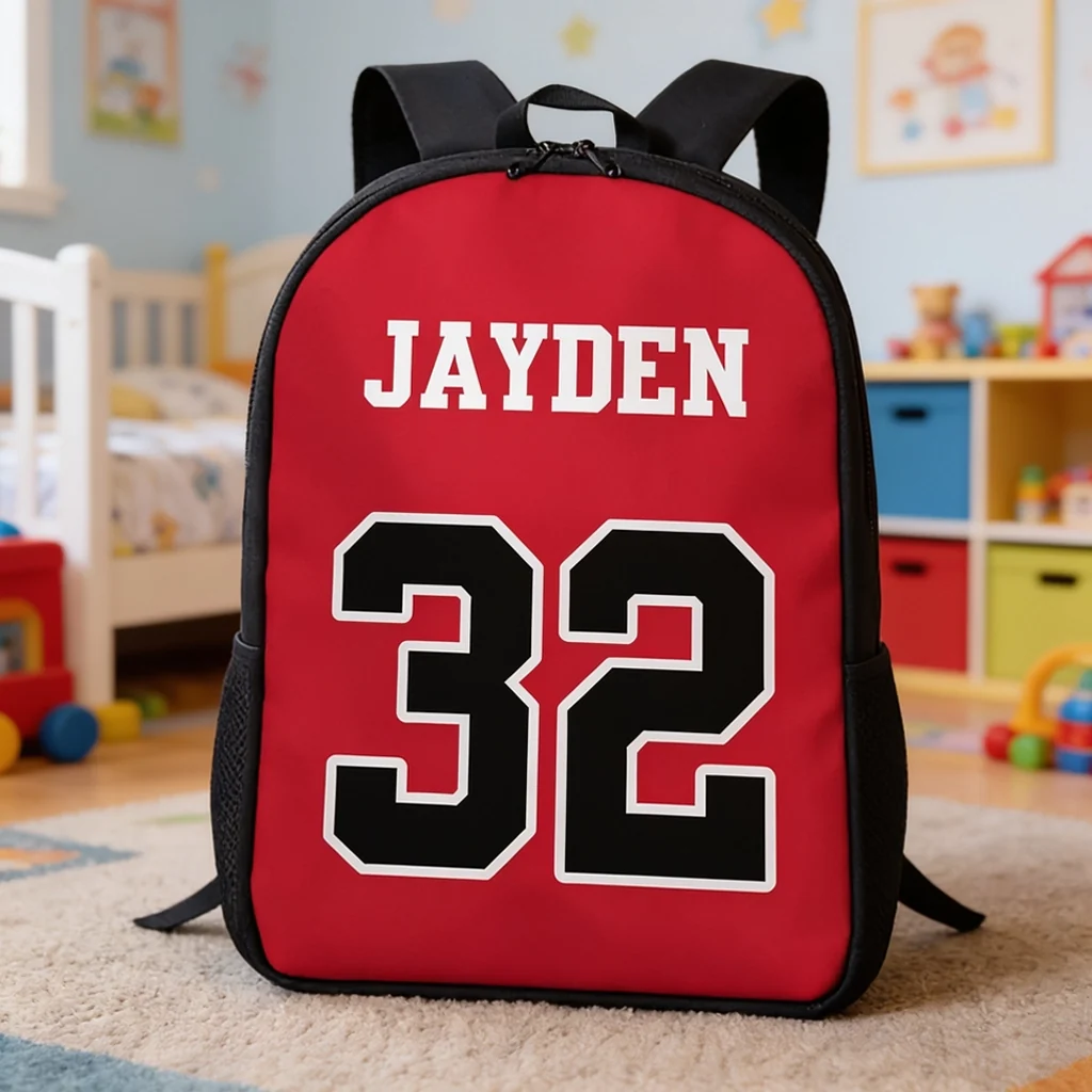Personalized Kids School Backpack, Red Basketball Jersey Style, Unique Gift for Young Sports Fans