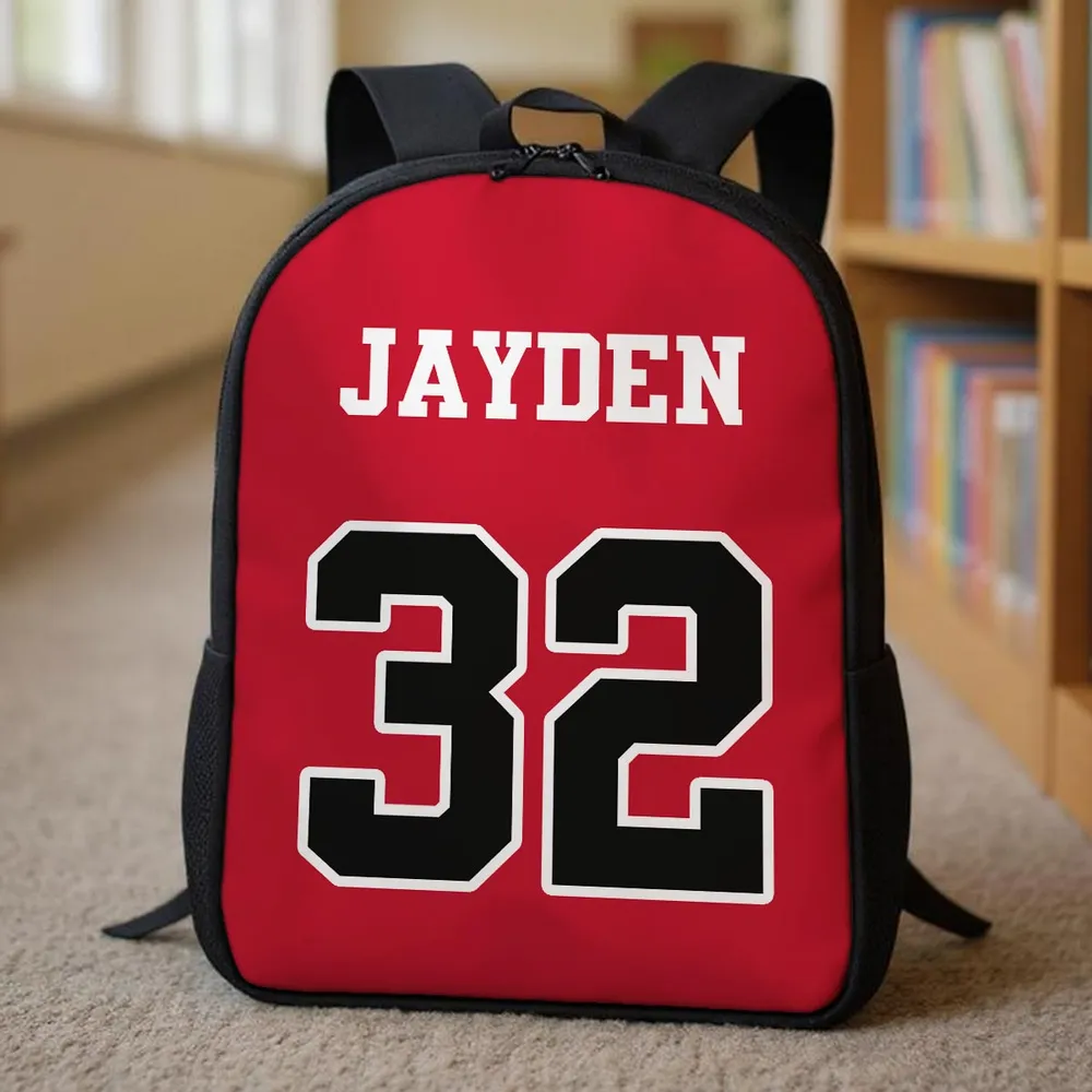Personalized Kids School Backpack, Red Basketball Jersey Style, Unique Gift for Young Sports Fans - Image 2