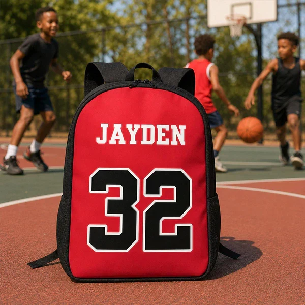 Personalized Kids School Backpack, Red Basketball Jersey Style, Unique Gift for Young Sports Fans - Image 8