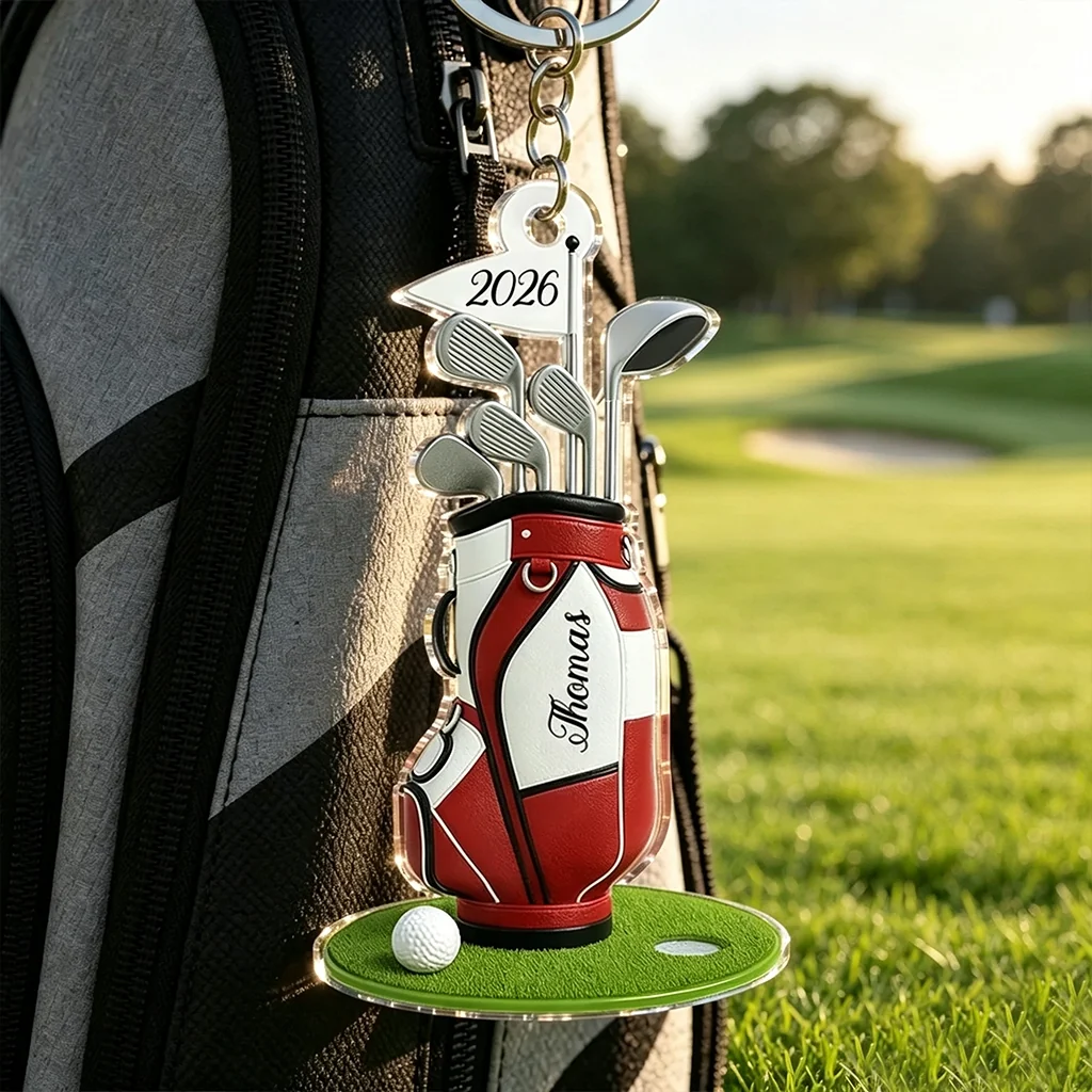 Personalized Acrylic Keychain with Golf Bag & Clubs, Bright Golf Lover Keepsake, Unique Creative Gift