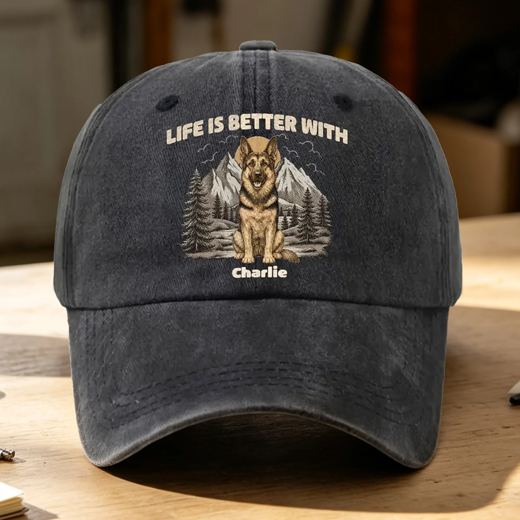 Personalized Washed Denim Baseball Cap, Mountain Dog Illustration, Unique Gift for Dog Lovers