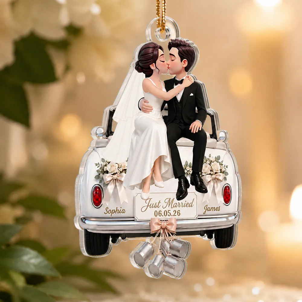 Personalized Acrylic Ornament, Kissing Bride & Groom on Wedding Car, Unique Gift for Couple - Image 2