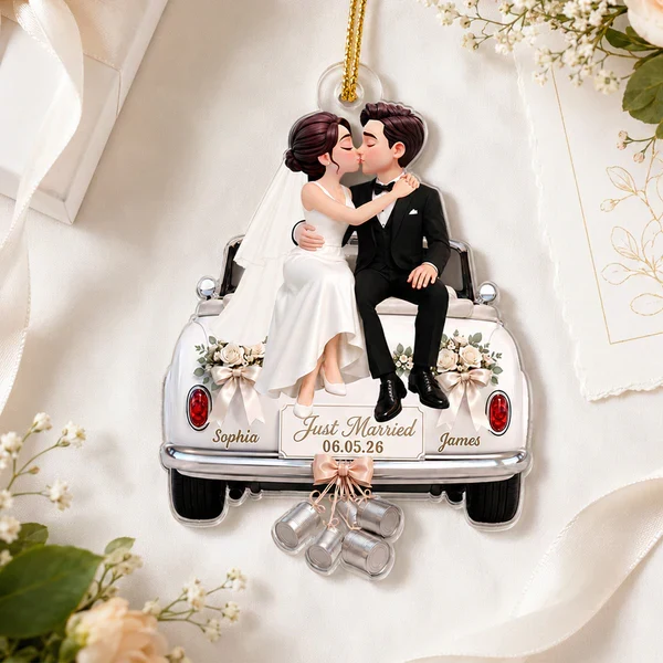 Personalized Acrylic Ornament, Kissing Bride & Groom on Wedding Car, Unique Gift for Couple - Image 3