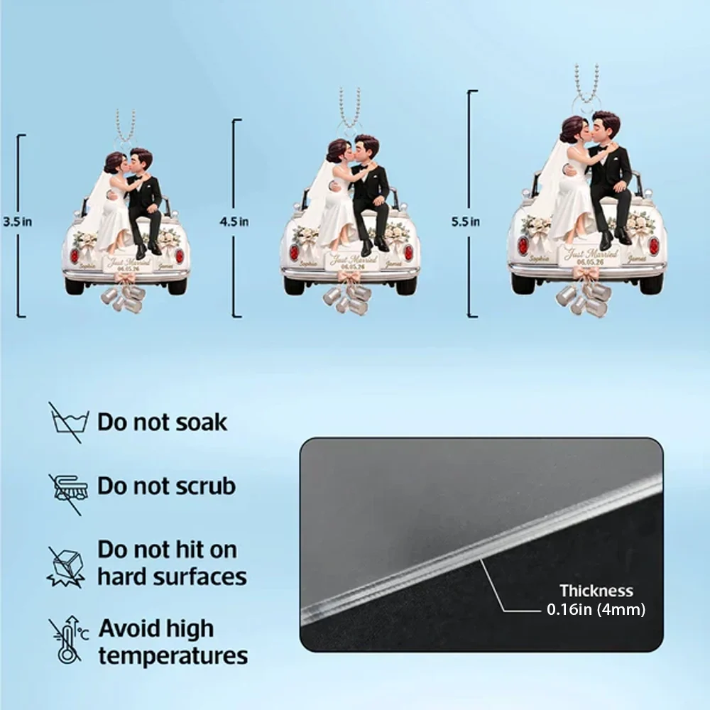 Personalized Acrylic Ornament, Kissing Bride & Groom on Wedding Car, Unique Gift for Couple - Image 4