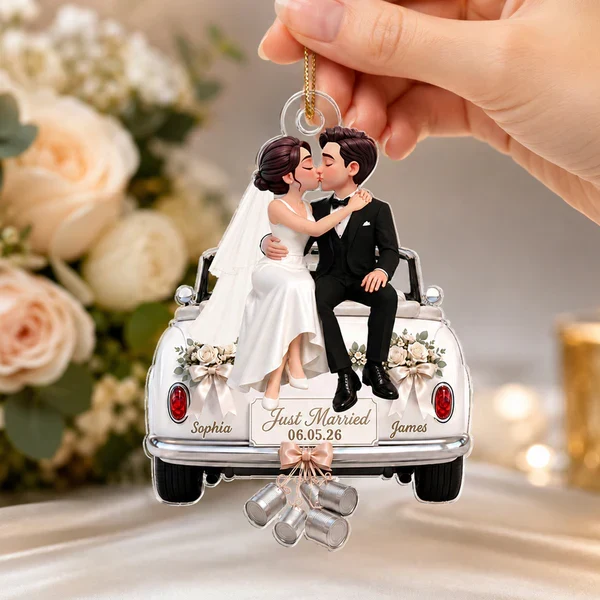 Personalized Acrylic Ornament, Kissing Bride & Groom on Wedding Car, Unique Gift for Couple - Image 5