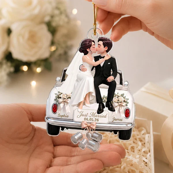 Personalized Acrylic Ornament, Kissing Bride & Groom on Wedding Car, Unique Gift for Couple - Image 6