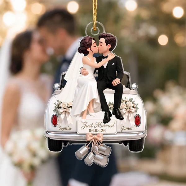 Personalized Acrylic Ornament, Kissing Bride & Groom on Wedding Car, Unique Gift for Couple - Image 7