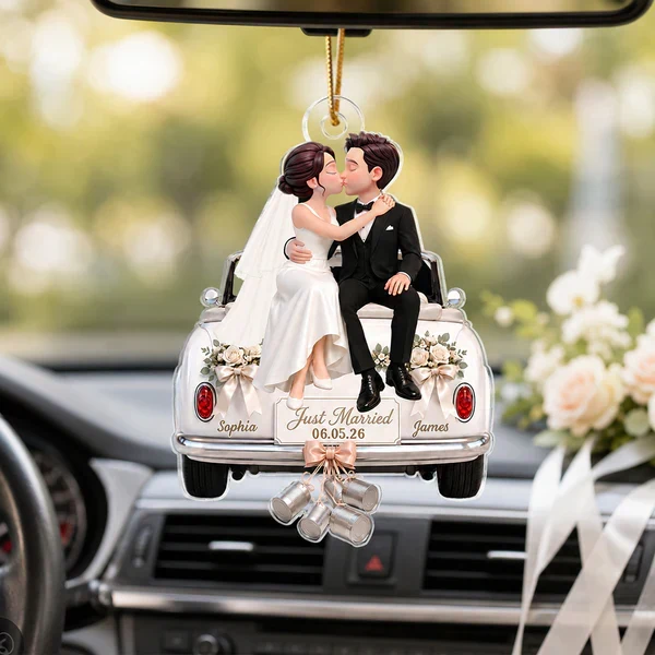 Personalized Acrylic Ornament, Kissing Bride & Groom on Wedding Car, Unique Gift for Couple - Image 8