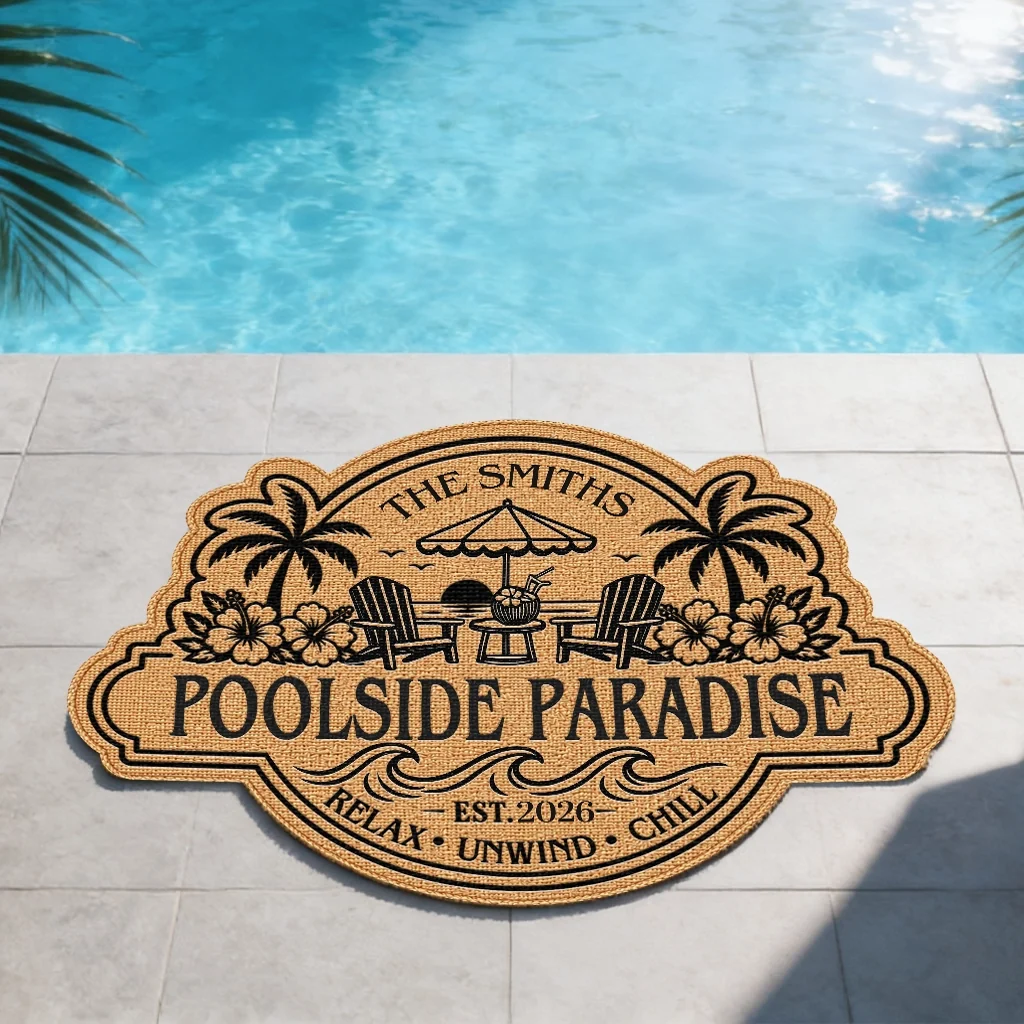 Personalized Shaped Doormat, Poolside Paradise Design, Unique Gift for Family Patio & Summer Vacation - Image 3