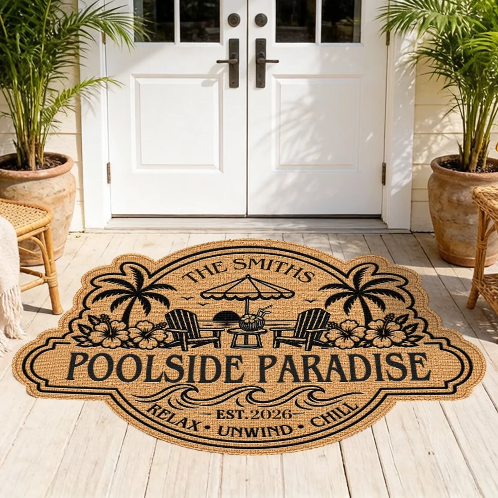 Personalized Shaped Doormat, Poolside Paradise Design, Unique Gift for Family Patio & Summer Vacation - Image 4