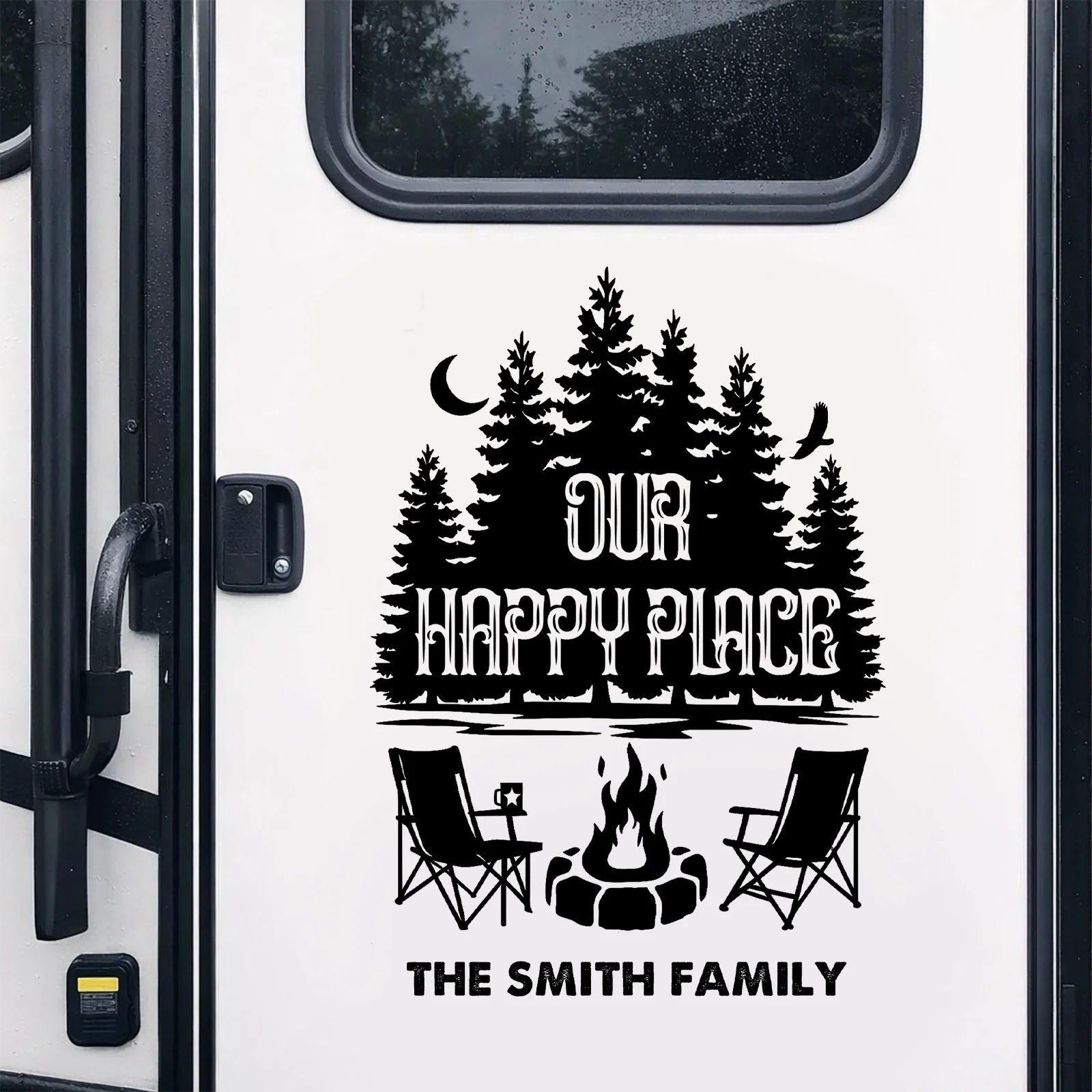 Personalized Sticker Decal, Our Happy Place RV Campfire Design, Unique Gift for Campers & Family