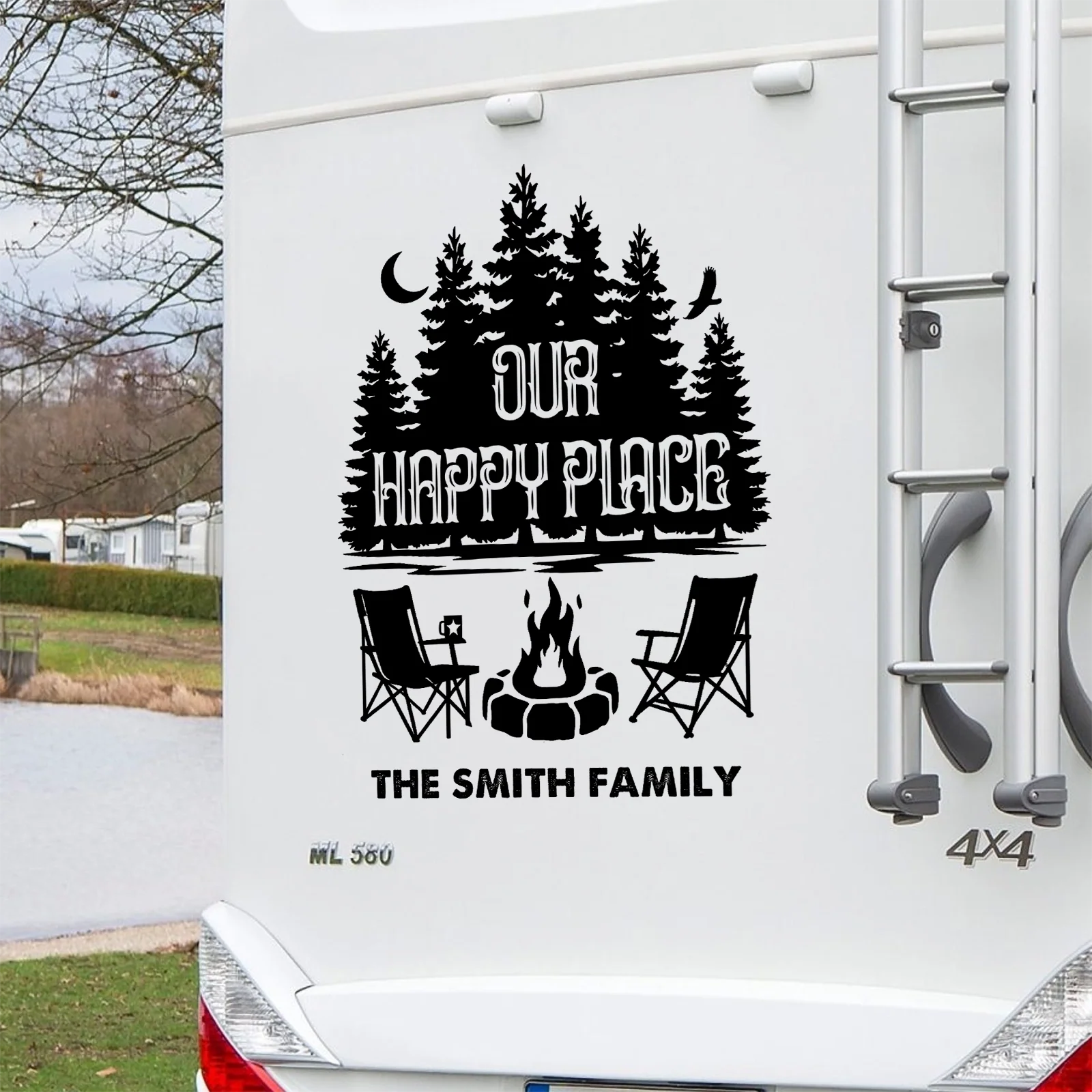 Personalized Sticker Decal, Our Happy Place RV Campfire Design, Unique Gift for Campers & Family - Image 2