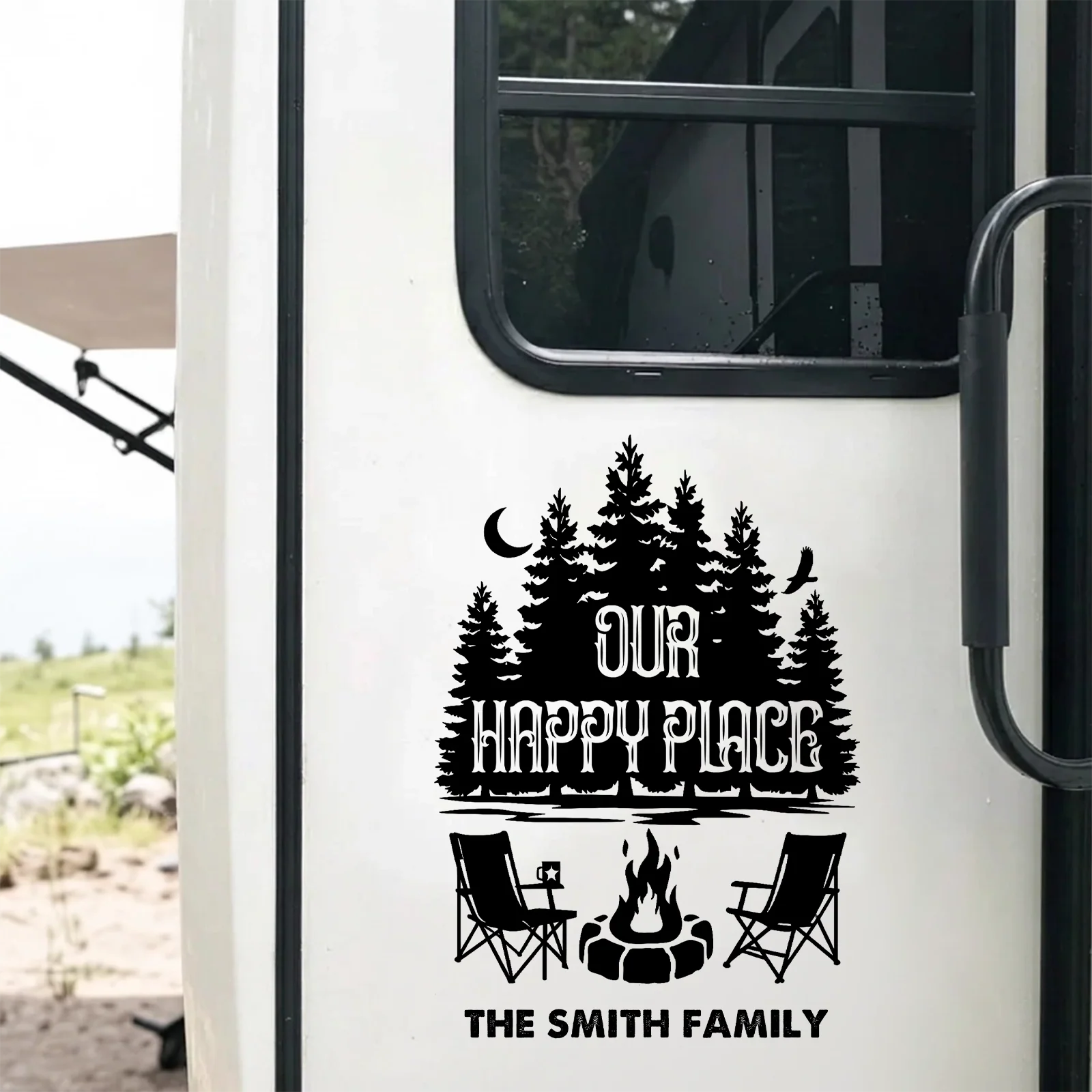 Personalized Sticker Decal, Our Happy Place RV Campfire Design, Unique Gift for Campers & Family - Image 3