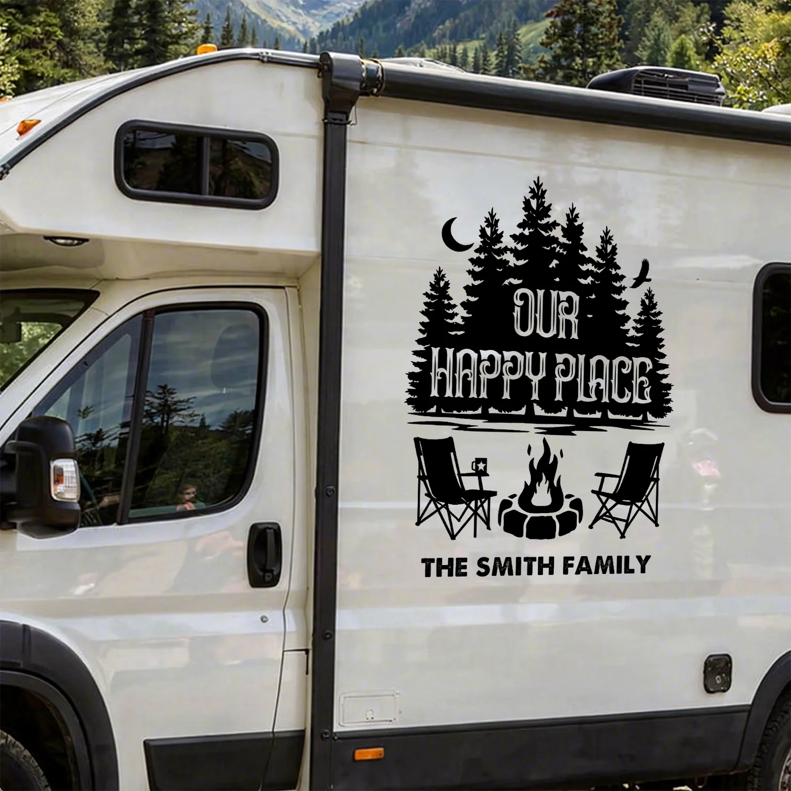 Personalized Sticker Decal, Our Happy Place RV Campfire Design, Unique Gift for Campers & Family - Image 4
