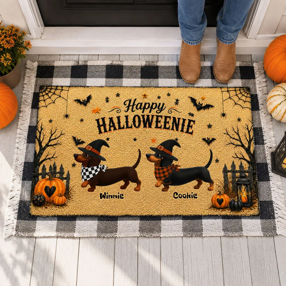 Personalized Standard Doormat, Happy Halloweenie Dachshund Doorway Design, Unique Gift for Dog Lovers - Image 2
