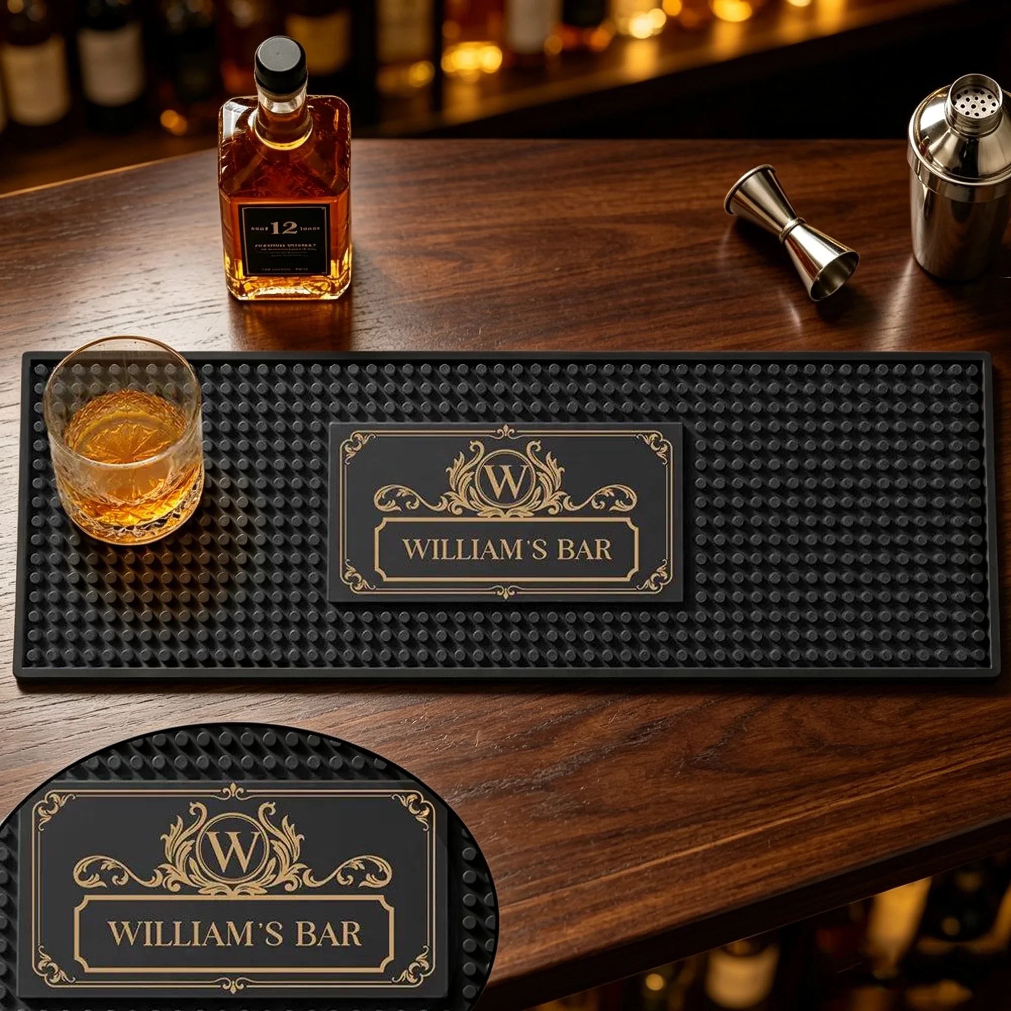 Personalized Rubber Bartender Mat, Vintage Monogram Home Bar Decor, Unique Gift for Whiskey Lovers