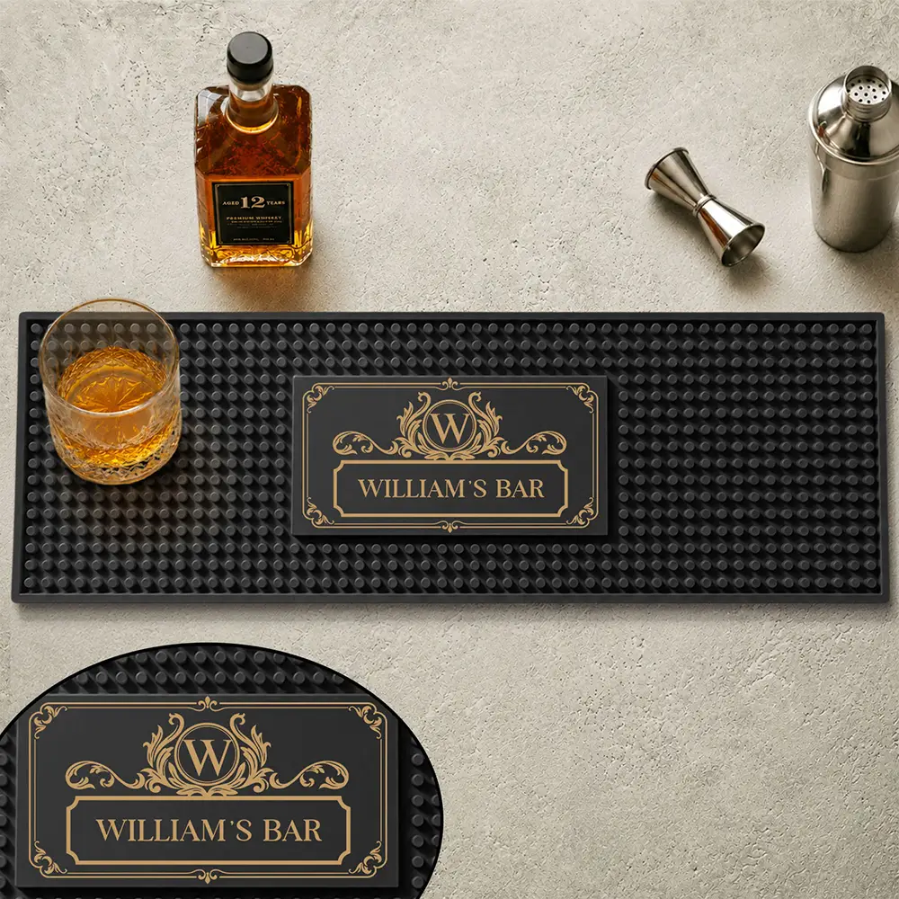 Personalized Rubber Bartender Mat, Vintage Monogram Home Bar Decor, Unique Gift for Whiskey Lovers - Image 2
