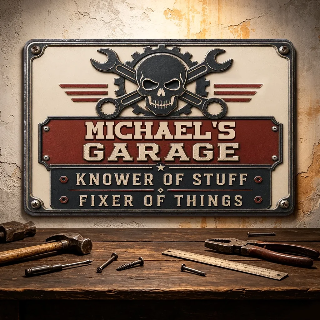 Rectangular Iron Sign, Personalized Fixer of Things Garage Design, Vintage Decor, Unique Gift