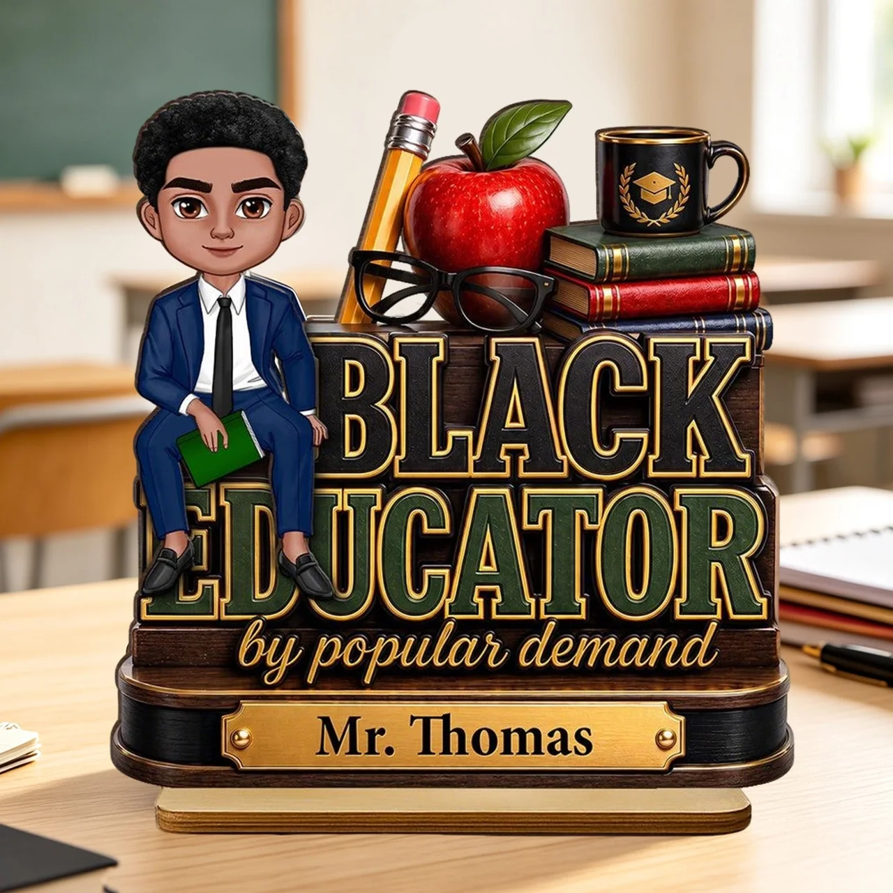 Personalized Black Educator 2-Layer Wooden Plaque with Seated Teacher Art, Creative Gift for Classroom Pride