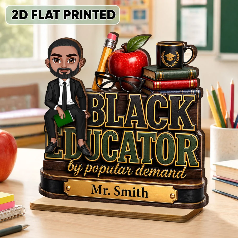 Personalized Black Educator 2-Layer Wooden Plaque with Seated Teacher Art, Creative Gift for Classroom Pride - Image 2