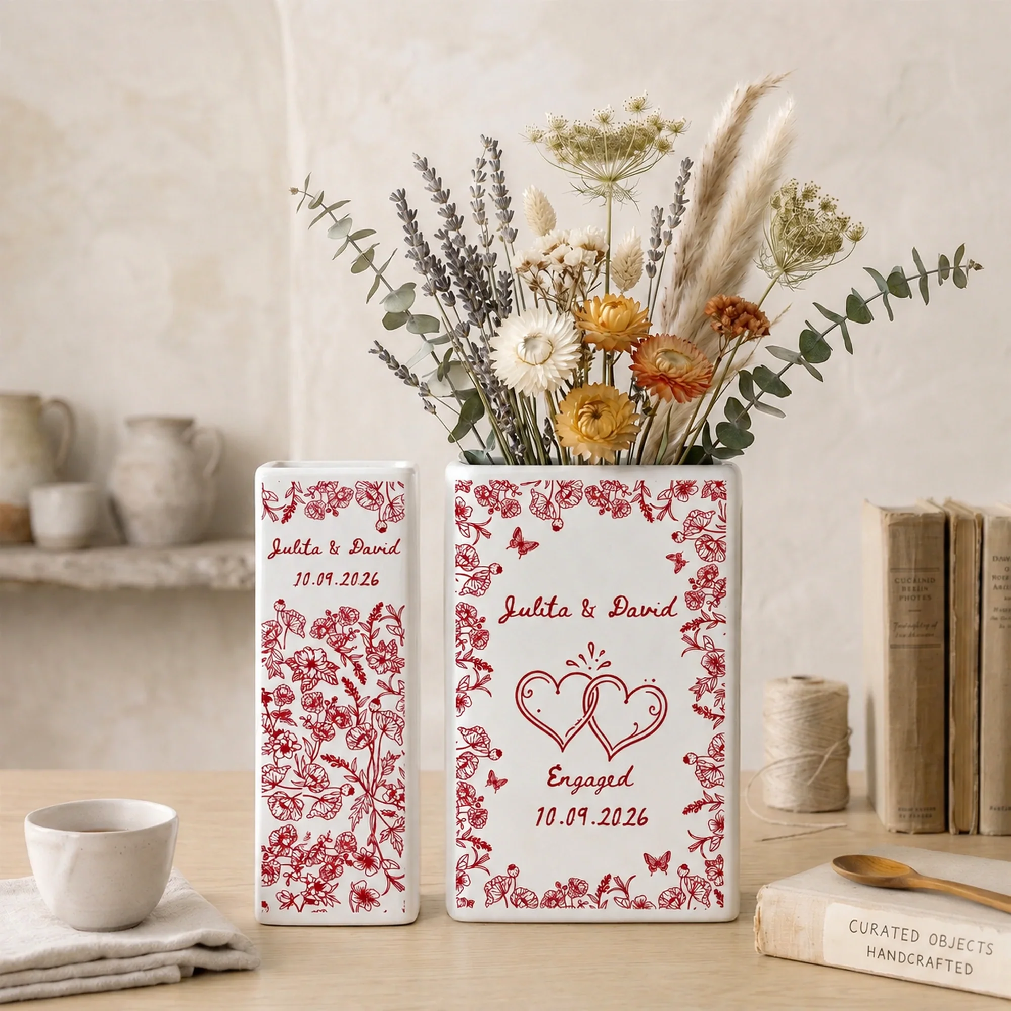 Personalized Ceramic Book Vase with Names & Date, Romantic Engagement Gift for Couples, Custom Love Keepsake
