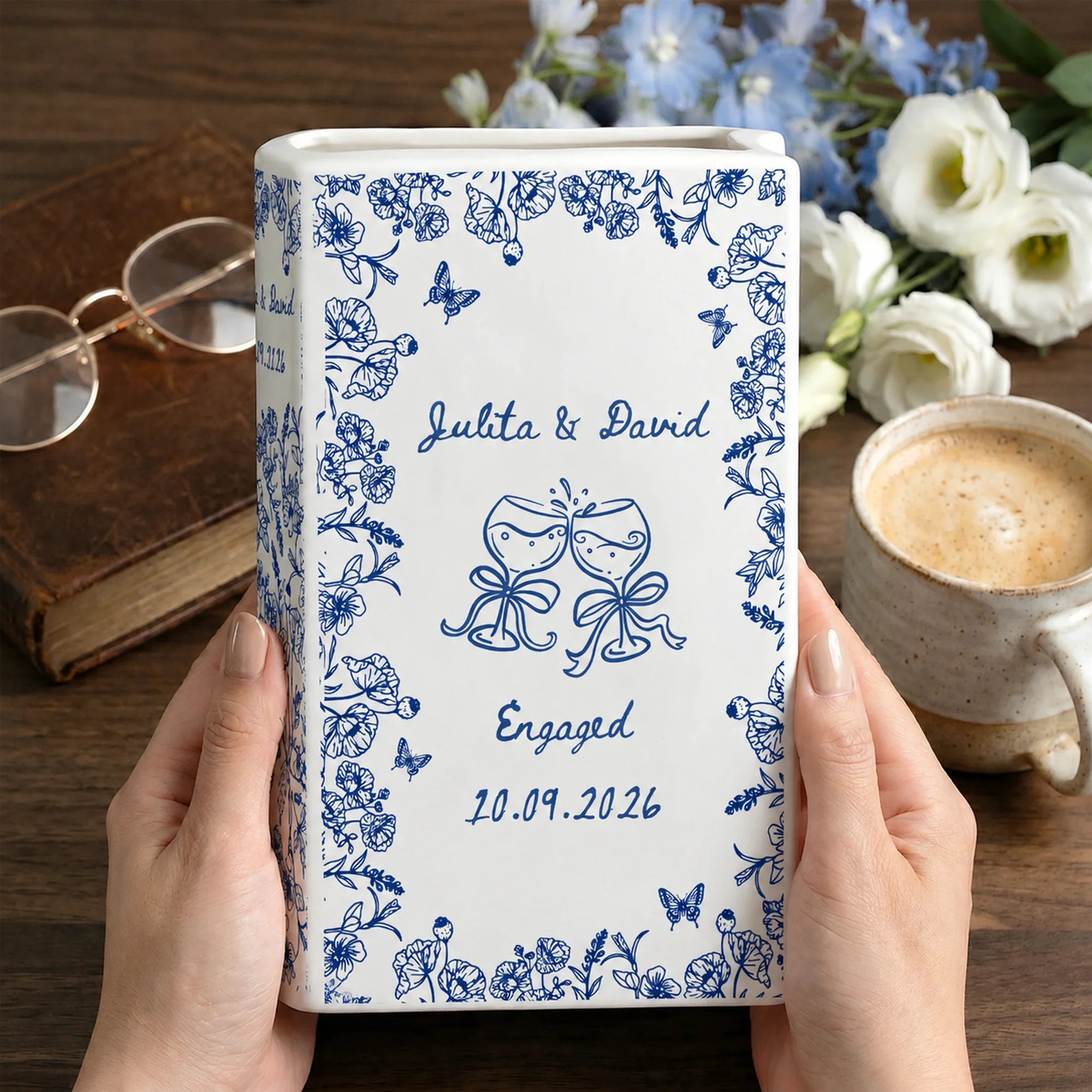 Personalized Ceramic Book Vase with Names & Date, Romantic Engagement Gift for Couples, Custom Love Keepsake - Image 2