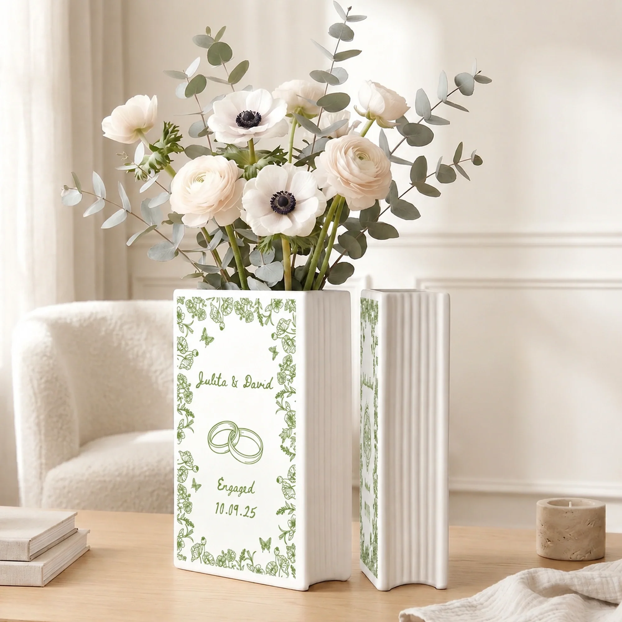 Personalized Ceramic Book Vase with Names & Date, Romantic Engagement Gift for Couples, Custom Love Keepsake - Image 3